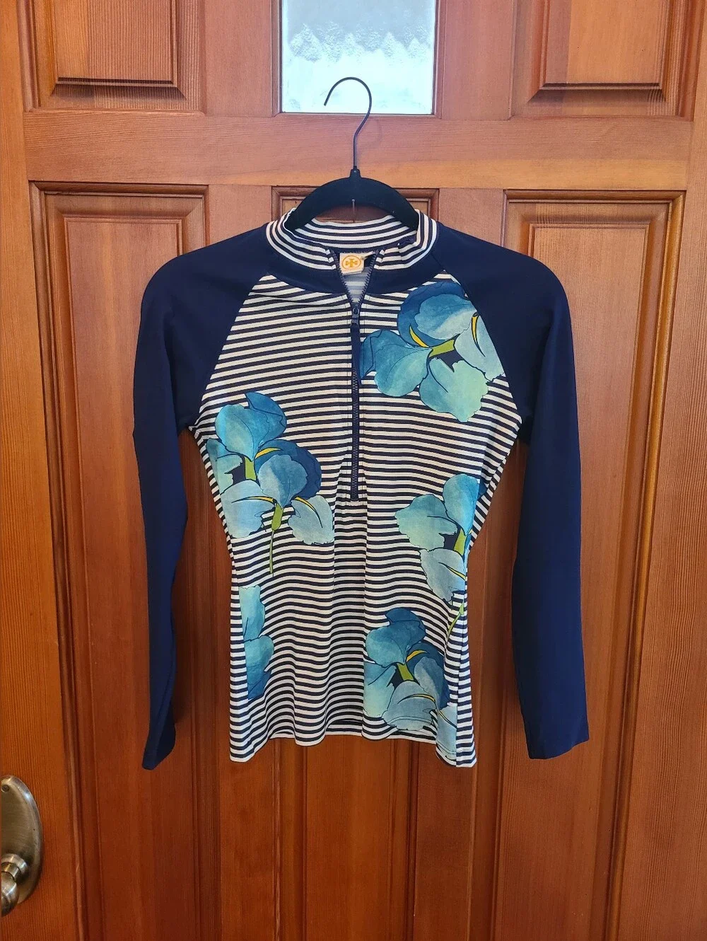 Tory Burch Navy and White Striped Zip Rash Guard with Blue Floral Accent S